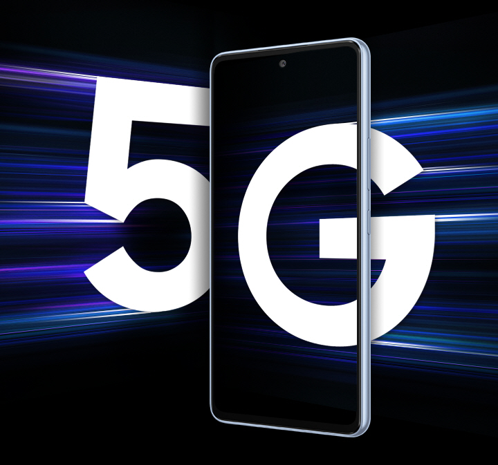 Galaxy A53 5G seen from the front against a black background. From the left, a large, white 5 approaches the smartphone with streaks of light tailing the number to show that it is incoming quickly. From the right, a large, white G has come partially inside into the smartphone screen.