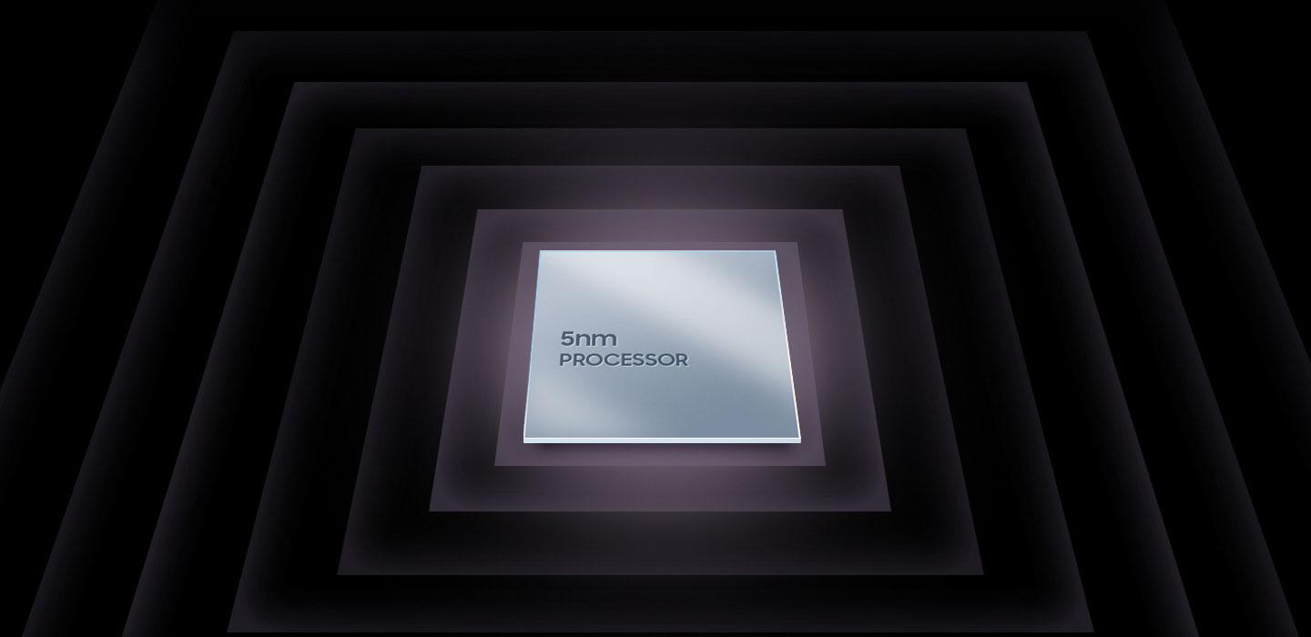 A metallic, square processor chip is shown with text on the surface that reads 5nm processor. Surrounding the chip are text that reads RAM Plus up to 6GB/8GB virtual RAM, Processor 5nm Octa-core, Up to 6% faster performance core, Up to 33% faster graphic performance, Up to 43% faster neural processor.