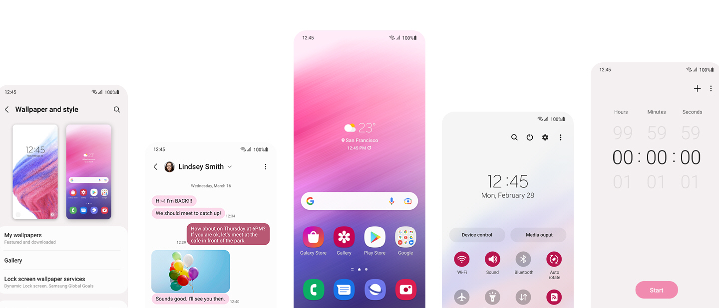 Five different Galaxy A53 5G screens showing a customized set of colors and look using One UI 4. From left to right, the screens show: the Wallpaper and style menu on settings, a text message conversation with custom pink and burgundy colored text bubbles, a customized Home Screen, a customized Quick Settings menu, and a customized Stopwatch screen.