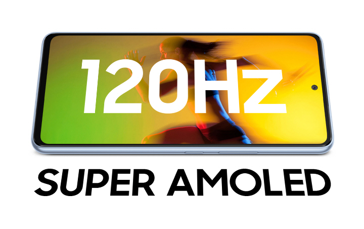 Galaxy A53 5G is laid horizontally with a colorful image of green and yellow hues shown on the screen. In text, 120HZ is shown on the screen and SUPER AMOLED shown below.