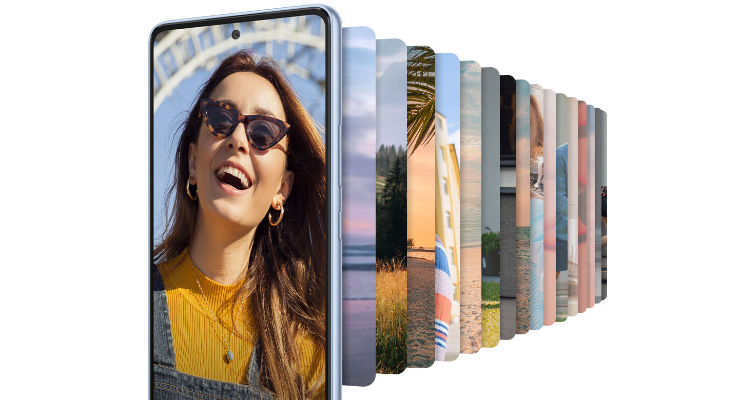 Galaxy A53 5G seen from the front, displaying an image of a woman in sunglasses, smiling. Behind the smartphone are numerous pictures in the smartphone shape, lined up and showing various landscape environments. Text reads RAM 6G/8GB +Extra virtual RAM and Storage 128/256GB +Up to 1TB (Micro SD card).