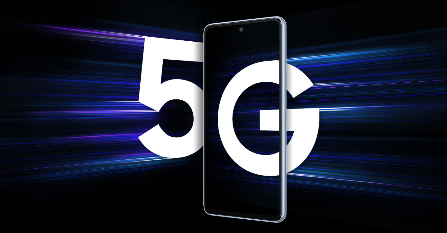 Galaxy A53 5G seen from the front against a black background. From the left, a large, white 5 approaches the smartphone with streaks of light tailing the number to show that it is incoming quickly. From the right, a large, white G has come partially inside into the smartphone screen.
