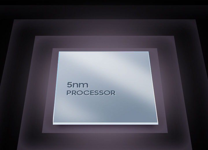 A metallic, square processor chip is shown with text on the surface that reads 5nm processor. Surrounding the chip are text that reads RAM Plus up to 6GB/8GB virtual RAM, Processor 5nm Octa-core, Up to 6% faster performance core, Up to 33% faster graphic performance, Up to 43% faster neural processor.