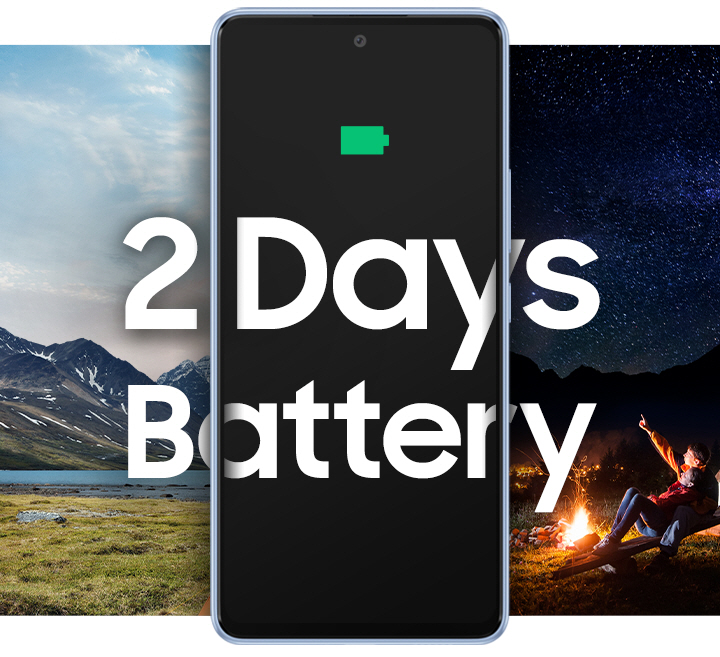 A Galaxy A53 5G is in between two landscape photos. On the left, the photo shows a beautiful mountain landscape in bright daylight. On the right, the photo shows a man sitting in front of a campfire, pointing to the stars on a dark, night sky. Text in the center reads 2 Days Battery.