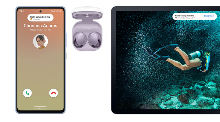 Three products are lined up from left to right: Galaxy A53 5G, Buds2 with the case lid opened and a Galaxy tablet. An incoming call from Christina Adams is shown on the smartphone screen while the tablet shows scuba diving-related content being played. On the top of both screens of the smartphone and the tablet, a bubble has popped up to notify of the call and that the user could take the call with the Buds2.