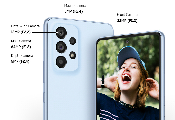 Two Galaxy A53 5G models, both in Awesome Blue, show the rear side and front side of the device. On the left, the rear side of the device shows the 5MP F2.4 Macro Camera, 12MP F2.2 Ultra Wide Camera, 64MP F1.8 Main Camera and the 5MP F2.4 Depth Camera. On the right, the front side of the device shows the 32MP Front Camera and a picture displayed on the screen of a woman laughing.