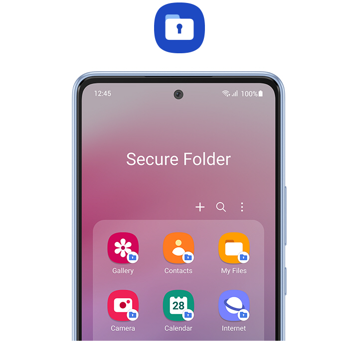 Galaxy A53 5G seen from the front, displaying the apps inside Secure Folder, including Gallery, Contacts, My Files and more. Each app icon has a small Secure Folder icon attached at the bottom right. Above the smartphone is a larger Secure Folder icon.