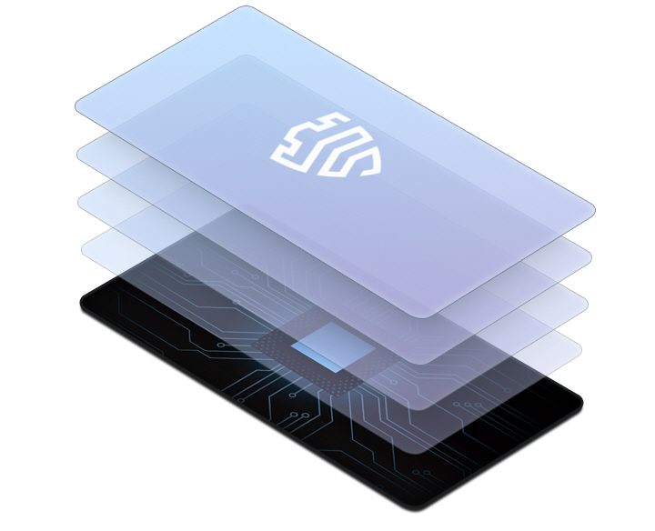 Five layers in the shape of a smartphone is shown stacked on top of each other with space in between. On the very bottom, a black layer shows circuitry and a chip. The top layer shows the Knox logo.