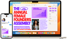 Showcasing user receiving an image in Messages on iPhone, then adding it into a Pages document on MacBook Air.