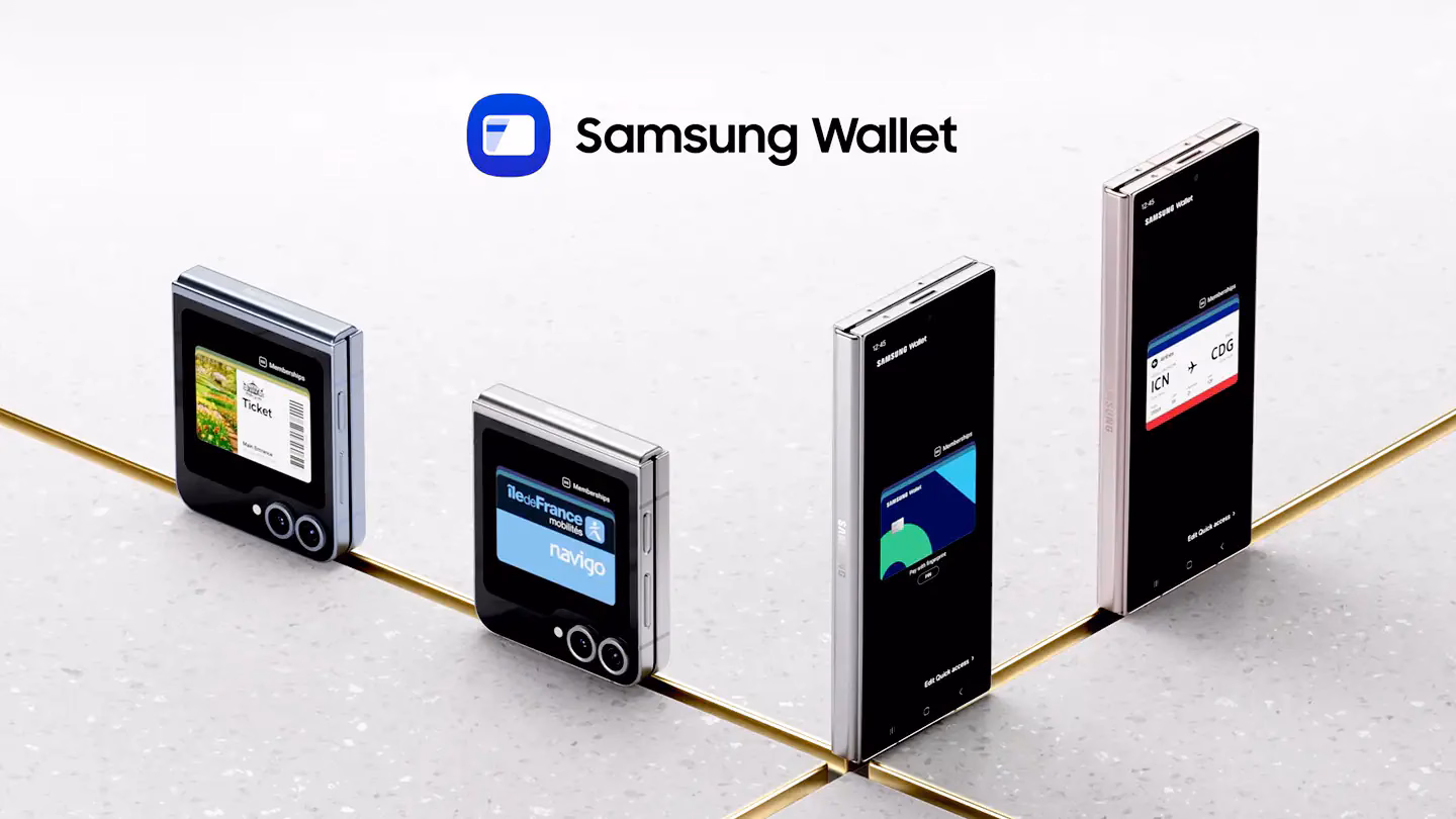 People are using Samsung Wallet in diverse places and situations. In the middle is Samsung Wallet logo.