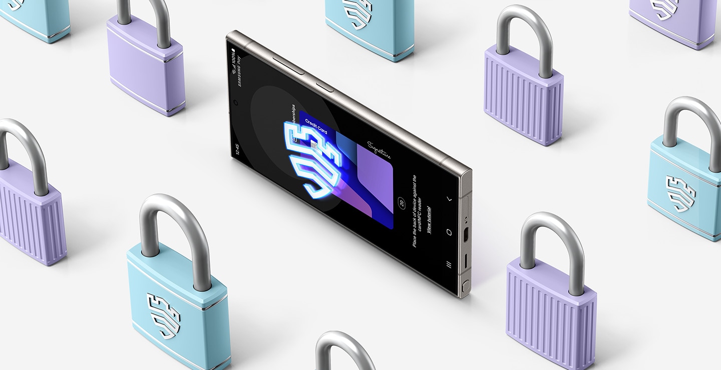 A Galaxy S24 Ultra is standing on its side. The screen displays the Samsung Knox logo. The Galaxy S24 Ultra is surrounded by a series of padlocks. Some of the padlocks have the Samsung Knox logo engraved in front.