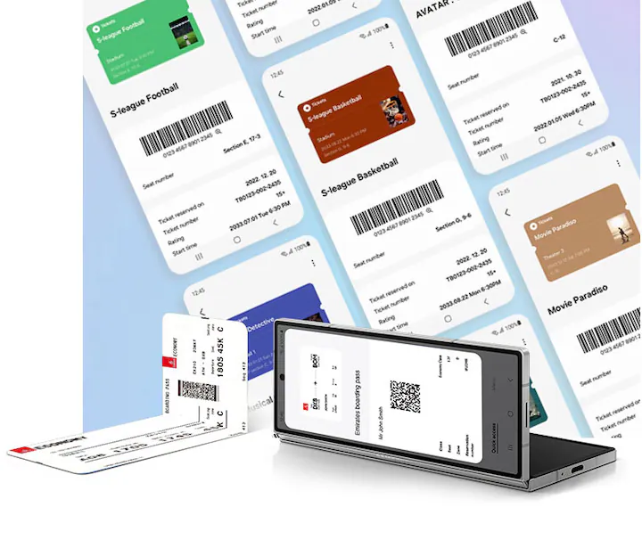 A student ID card dangles on a lanyard. Next to it, a Galaxy Z Flip6 is attached to a similar lanyard. The cover screen of the Galaxy Z Flip6 displays a digitalized version of the student ID card.