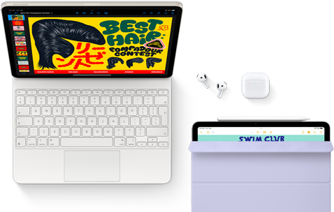 iPad Air attached to Magic Keyboard, with AirPods Pro, Apple Pencil Pro, and Smart Folio accessories