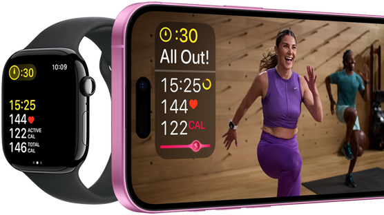 Workout metrics on an Apple Watch Series 10 and an iPhone