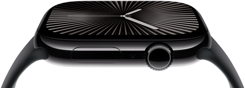 The screen and digital crown of an Apple Watch Series 10 seen from the side. The watch tilts sideways to show more of the screen