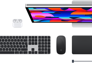 Mac accessories: Airpods, Studio Display, Magic Keyboard, Magic Mouse, Magic Trackpad, MagSafe charge cable in Space Black