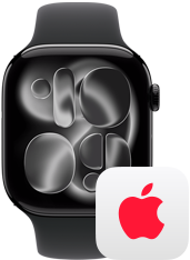 Apple Watch Series 11، إطار ألومنيوم بلون أسود لامع، الجزء الخارجي الأيمن: التاج الرقمي، حزام رياضي أسود، شعار AppleCare+