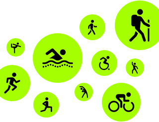 Workout icons, animated stick people running, walking, swimming, using wheelchair, hiking, cycling, lunging, dancing, stretching, and doing yoga