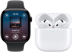 Apple Watch Series 11، إطار تيتانيوم بلون رمادي بني، الحزام: حزام رياضي أسود، تطبيق Apple Music مفتوح، مقترنة بسماعات AirPods 4‏