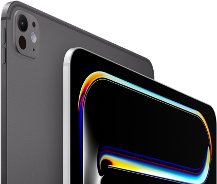 جهاز iPad Pro، الجزء الخلفي الخارجي، لون أسود فلكي،  زرّا ضبط مستوى الصوت ونظام كاميرات Pro، جهاز iPad Pro، الجزء الأمامي الخارجي، لون فضي، زوايا مدورة، إطار شاشة أسود، شاشة تعرض خلفية باللون الأسود مع رسم لخطوط تجريدية متعددة الألوان