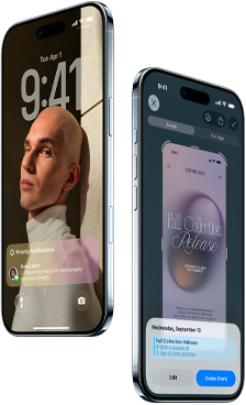 جهازا iPhone Air، الجزء الأمامي الخارجي، الجزء الجانبي الخارجي، تصميم نحيف، شاشة القفل، ميزة الذكاء المرئي قيد الاستخدام