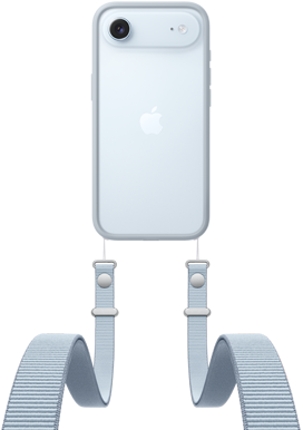 iPhone Air، الجزء الخلفي الخارجي، لون أزرق سماوي، نظام كاميرا Fusion بالقرب من الجزء العلوي، شعار Apple في الوسط، حزام الكتف مع إطار حماية بلون رمادي فاتح