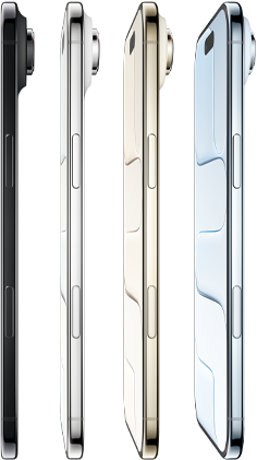 جهاز iPhone Air، الجزء الجانبي الخارجي، الألوان الأربعة كلها: أزرق سماوي، وذهبي فاتح، وأبيض سحابي، وأسود فلكي، تصميم نحيف للغاية، نظام كاميرا Fusion، الأزرار: الزر الجانبي، وزر التحكم في الكاميرا