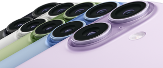 iPhone 17، الجزء الخلفي الخارجي، نظام كاميرا Fusion مزدوجة، كل الألوان الخمسة متداخلة: أسود، وأبيض، وأخضر رمادي، وأزرق ضبابي، وليلكي ناعم