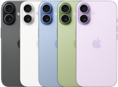 iPhone 17، الجزء الخلفي الخارجي، نظام كاميرا Fusion مزدوجة، كل الألوان الخمسة متداخلة: أسود، وأبيض، وأخضر رمادي، وأزرق ضبابي، وليلكي ناعم