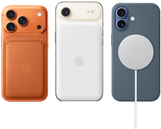 iPhone 17 Pro، الجزء الخلفي الخارجي، لون برتقالي كوني، مع حافظة من السيليكون بلون بنّي سيينا ومحفظة من نسيج محبوك مع MagSafe بلون برتقالي دافئ؛ iPhone Air، الجزء الخلفي الخارجي، لون أبيض سحابي، مع بطارية Magsafe؛ iPhone 17، الجزء الخلفي الخارجي، لون أزرق ضبابي، مع حافظة من السيليكون بلون أزرق حديدي وشاحن MagSafe‏