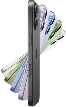 iPhone 17، الجزء الجانبي الخارجي، الألوان الخمسة: أسود، وليلكي ناعم، وأزرق ضبابي، وأخضر رمادي، وأبيض