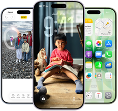 iPhone 17، الجزء الأمامي الخارجي، Dynamic Island في الوسط قرب الجهة العلوية، ثلاثة ألوان: أزرق ضبابي، وليلكي ناعم، وأخضر رمادي