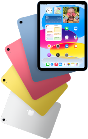 Front view iPad shows home screen, behind are four back facing iPad models in blue, pink, yellow, and silver