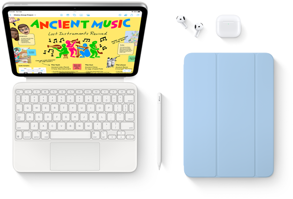 iPad attached to Magic Keyboard Folio, Apple Pencil, AirPods, and Smart Folio