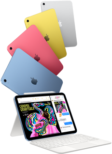 iPad in blue, pink, yellow, and silver colors and iPad attached to the Magic Keyboard Folio with Apple Pencil