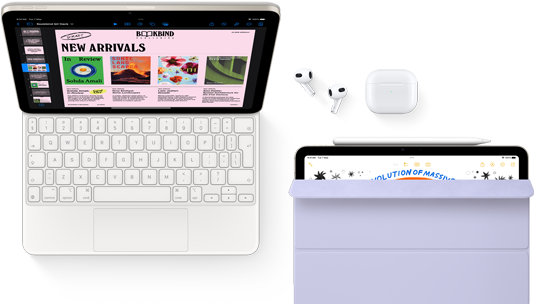 iPad Air attached to Magic Keyboard, with Airpods Pro, Apple Pencil Pro, and Smart Folio accessories