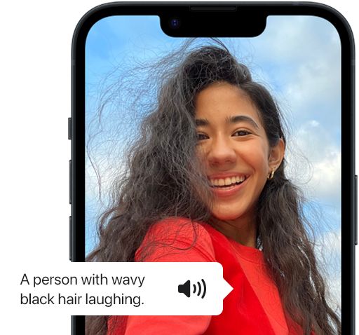 VoiceOver describing a photo of a person on iPhone.