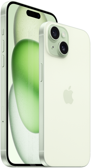 iPhone 15 Plus مقاس 6.7 إنش وiPhone 15 مقاس 6.1 إنش معروضان معاً لمقارنة الحجم.